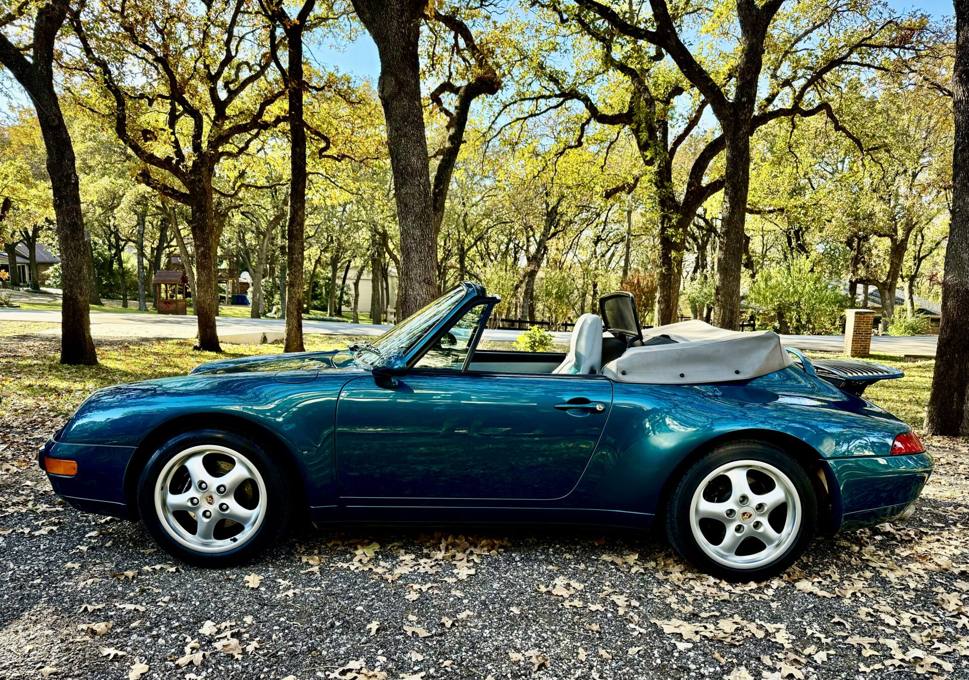 Vintage convertible parked among autumn trees.