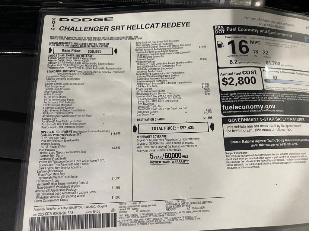 Dodge Challenger SRT Hellcat Redeye sticker.