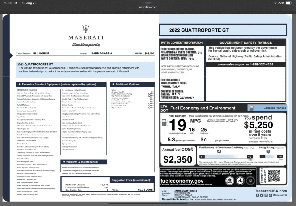 Maserati Quattroporte GT 2022 vehicle information sticker.